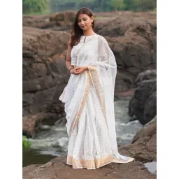 Chidiyaa Ivory Seafoam cream Kota Doria Block Printed Saree-picture-29