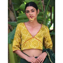 Chidiyaa Mustard Blockprinted Mashru Silk Blouse-picture-14