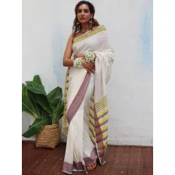 Chidiyaa White Uma Gauri Handwoven Linen Cotton Jamdani Saree-picture-18