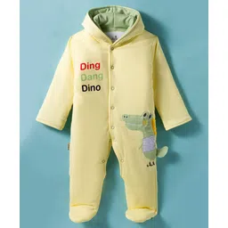Child World Cotton Knit Full Sleeves Footed Hooded Sleep Suit With Dino Patch Embroidery - Limegreen-picture-38