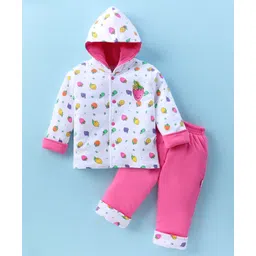 Child World Cotton Knit Full Sleeves Hooded Front Open Winter Wear Suit With Fruits Print - Dark Pink & White-picture-21
