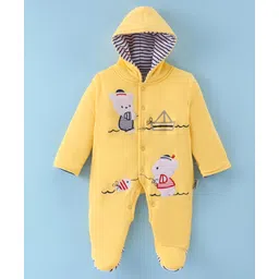 Child World Cotton Knit Full Sleeves Hooded Sleep Suit with Teddy Bear Print - Yellow-picture-35