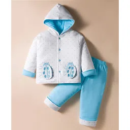 Child World Cotton Knit Full Sleeves Hooded Winter Wear Suit With Lady Bug Patch - Light Blue & White-picture-19
