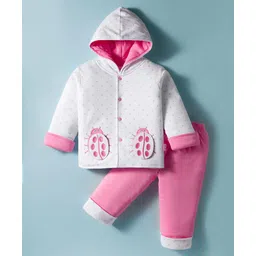 Child World Cotton Knit Full Sleeves Hooded Winter Wear Suit With Lady Bug Patch - Pink & White-picture-20