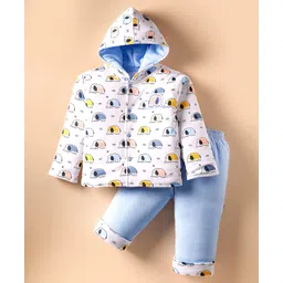 Child World Cotton Knit Full Sleeves Hooded Winter Wear Suits with Elephant Print - Light Blue & White image 1