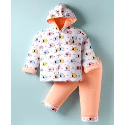Child World Cotton Knit Full Sleeves Hooded Winter Wear Suits with Elephant Print - Peach & White-picture-12