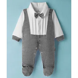 Child World Interlock Knit Full Sleeves Striped Footed Romper - Navy Blue & White-picture-11