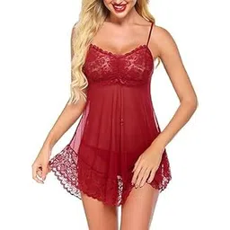 chill pookie Women’s Sheer Lace Lingerie Nightwear with Spaghetti Straps and Matching Panty – Sexy Transparent Babydoll Dress for Honeymoon, Bedroom, Romantic Nights, and Special Occasions (Women, Red, M)-picture-54