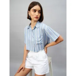 CHIMPAAANZEE Blue & White Viscose Striped Cropped Shirt-picture-11
