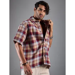 CHIMPAAANZEE Oversized Tartan Checked Spread Collar Casual Shirt-picture-24