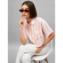CHIMPAAANZEE Pink & White Viscose Striped Cropped Shirt-picture-28