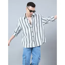 CHIMPAAANZEE White & Green Loose Fit Striped Oversized Shirt-image-38