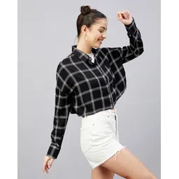 chimpaaanzee Women Oversized Fit Checkered Spread Collar Casual Shirt-picture-20