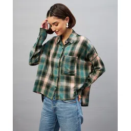 chimpaaanzee Women Oversized Fit Checkered Spread Collar Casual Shirt-picture-16