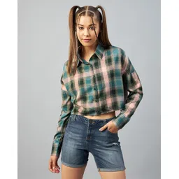 chimpaaanzee Women Oversized Fit Checkered Spread Collar Casual Shirt-picture-21