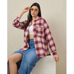 chimpaaanzee Women Oversized Fit Checkered Spread Collar Casual Shirt-picture-22