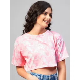 CHIMPAAANZEE Women Pink Tie & Dye Extended Sleeves  Loose Fit Crop T-shirt-picture-26