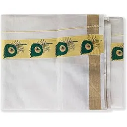 chithra fabrics CF - 4015 Special Gold Peacock Feather Mural Print Dhoti For Men-picture-37