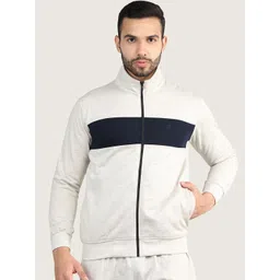 CHKOKKO Men Cream & Navy Blue Colourblocked Sporty Jacket-picture-21