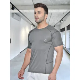 CHKOKKO Men Grey Solid Round Neck Sport T-shirt-image-19