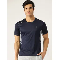CHKOKKO Men Navy Blue Solid Round Neck Yoga & Gym T-shirt image 4