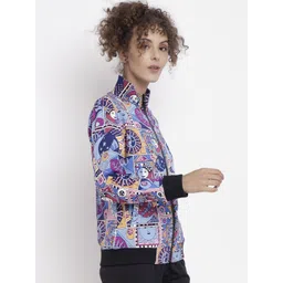 CHKOKKO Women Multicoloured Printed Stand Collar Bomber Jacket image 3
