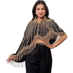 cholis creation Women’s Butterfly Velvet Embroidered Cape with Golden Bead Fringe | Free Size Poncho for Ethnic and Fusion Outfits-picture-14