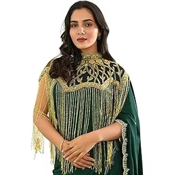 Women’s Golden Beaded Net Cape with Heavy Embroidery and Long Fringe | Free Size Capelet for Sarees Lehengas and Gowns-image-41