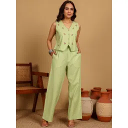 Chowkhat Embroidered Pure Cotton V-Neck Waistcoat & Trousers Co-Ord set-picture-12