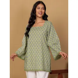 Chowkhat Ethnic Motifs Printed Square Neck Flared Sleeves Pure Cotton Kurti-picture-26