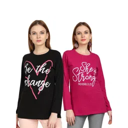 chozi Pack of 2 Roundneck Tshirt Women Printed Round Neck Cotton Blend Black, Pink T-Shirt-picture-11