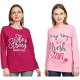 chozi Women's Printed Cotton Tshirt Round Neck Full Sleeve T-Shirt for Women (Multicolor) 140- Pack of 2-picture-11