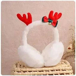 Christmas Reindeer Earmuffs, White Plush with Red Antlers, Festive Winter Ear Warmers with Decorative Green Bow and Bell-picture-45