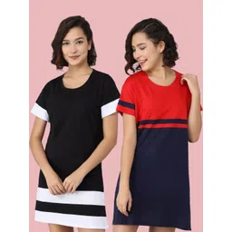 Christy World Women Pack of 2 Colourblocked Round Neck Cotton Longline T-shirt-picture-13