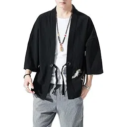 chroes Men's Kimono Jackets Cardigan Lightweight Casual Cotton Blends Linen Seven Sleeves Open Front Coat Outwear |C-Black |XL-picture-11