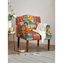 Chumbak Nawaab Swirls Ikat Red Wood Arm Chair image 1