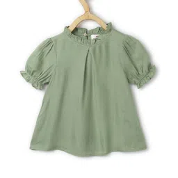 Chuppan Chupai Puffed Half Sleeves Ruffled Neckline Detailed Solid Flared Top - Green-picture-35