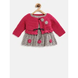 CHUTPUT Girls Grey & Pink Self Design Pure Wool Jumper Dress-picture-46