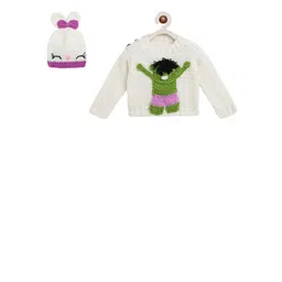 CHUTPUT Infants Cream-Coloured Embroidered Pullover Sweater With Beanie Cap-picture-36