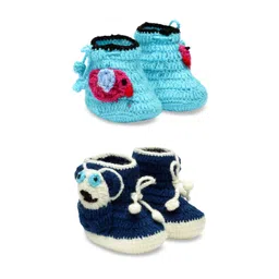 CHUTPUT Infants Set of 2 Blue Hand Knitted Woollen Crochet Booties-picture-40