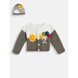CHUTPUT Kids Brown & White Colourblocked Cardigan with Applique Detail-picture-32