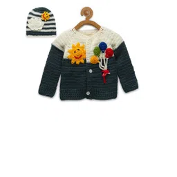 CHUTPUT Kids Cream-Coloured & Green Embroidered Woolen Crochet Sweater with Beanie-picture-10