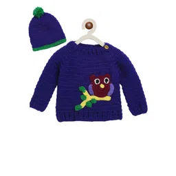 CHUTPUT Kids Navy Blue Self Design Pullover Sweater & Beanie-picture-30