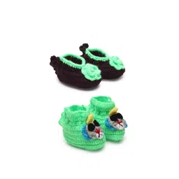 CHUTPUT Kids Pack Of 2 Green & Black Hand knitted Crochet Booties Set-picture-24