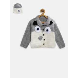 CHUTPUT Kids White & Grey Woollen Colourblocked Cardigan with Beanie-picture-24
