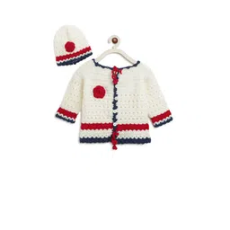 CHUTPUT Unisex Kids Cream-Coloured & Maroon Cable Knit Woolen Cardigan-picture-28