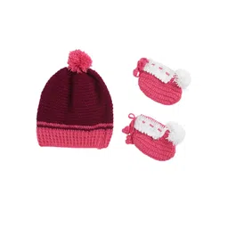 CHUTPUT Unisex Kids Pink & Off-White Self Design Beanie & Booties-picture-18
