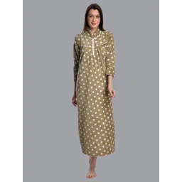 CIERGE Women Camel Brown & White Polka Dots Printed Maxi Sweat Nightdress-picture-38