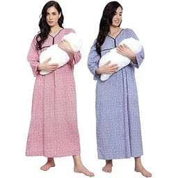 cierge Women's Cotton 3/4 Sleeve Maxi Maternity/Feeding Nighty (Pack of 2)-picture-38