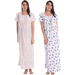 cierge Women's Cotton Beautiful Fabric Maxi Nighty (2, Leaf Lace & White Blue, Free Size)-picture-11